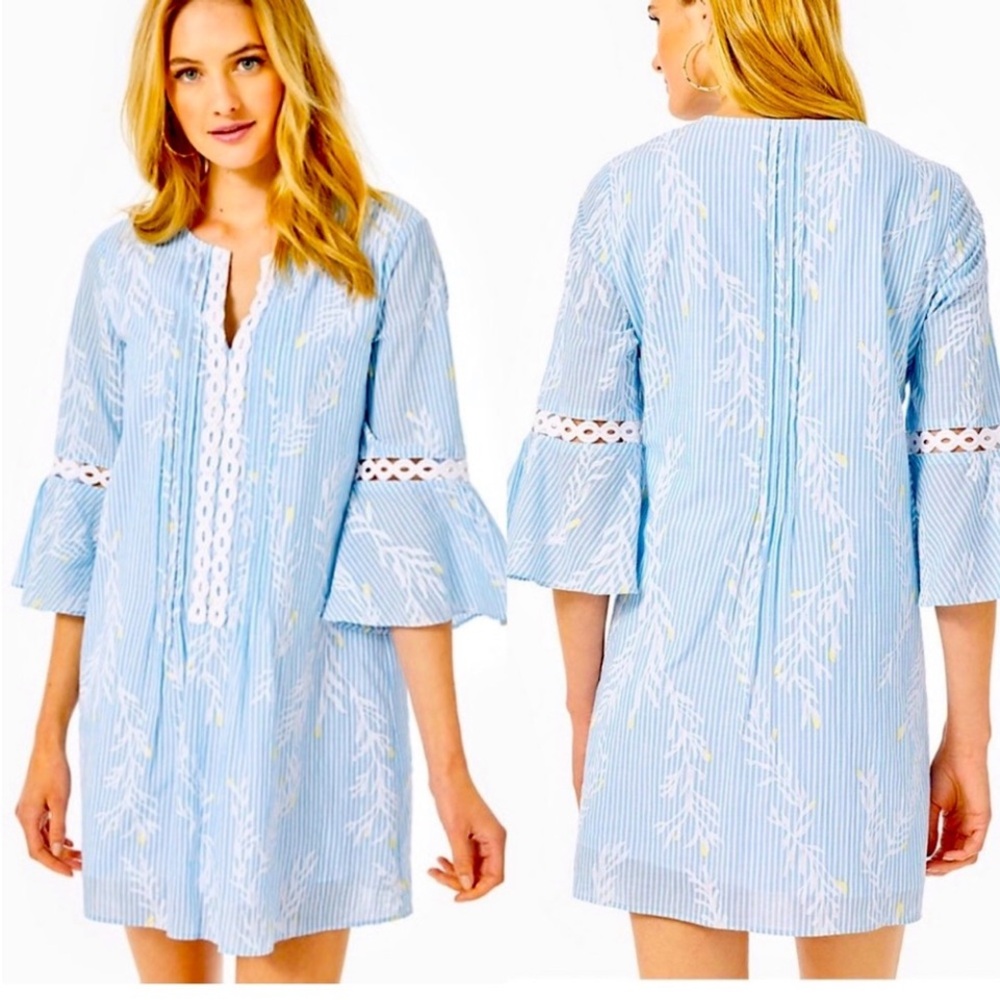 Lilly Pulitzer Hollie Tunic Dress in Zanzibar Blue Open Coral Pigment Print, S